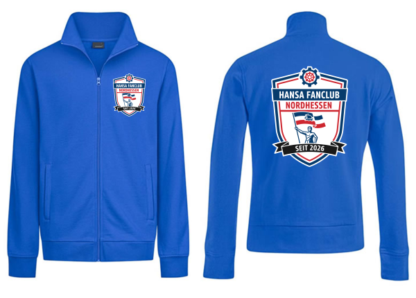Zipperjacke mit Stehkragen "Hansa Fanclub Nordhessen" - royalblau - Brustlogo und Rücken groß"